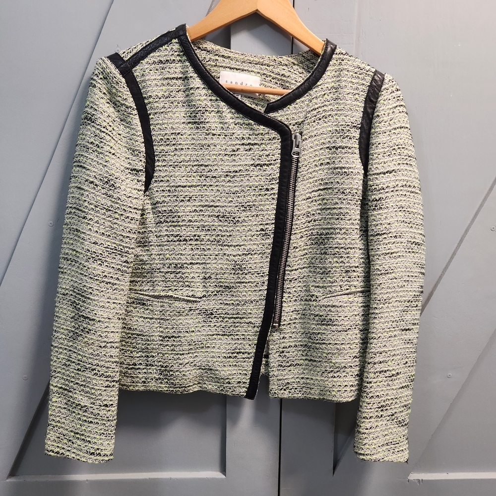 Sandro Paris Vertige Green Black Tweed Lamb Leather Motorcycle Jacket Sz LFR 40